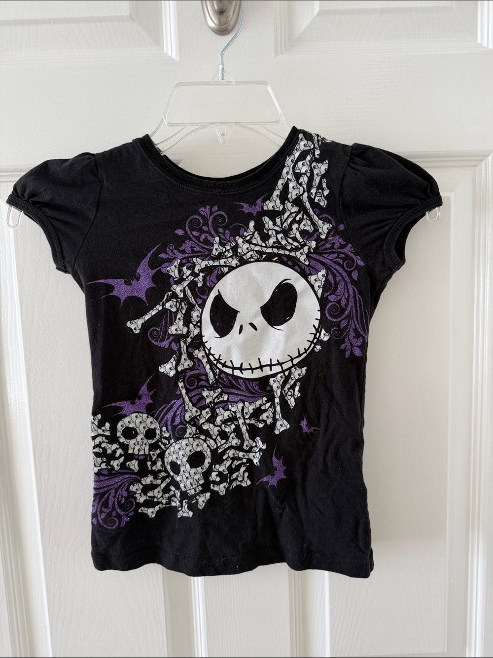 Disney Black Tee with Purple & White Skull Graphic